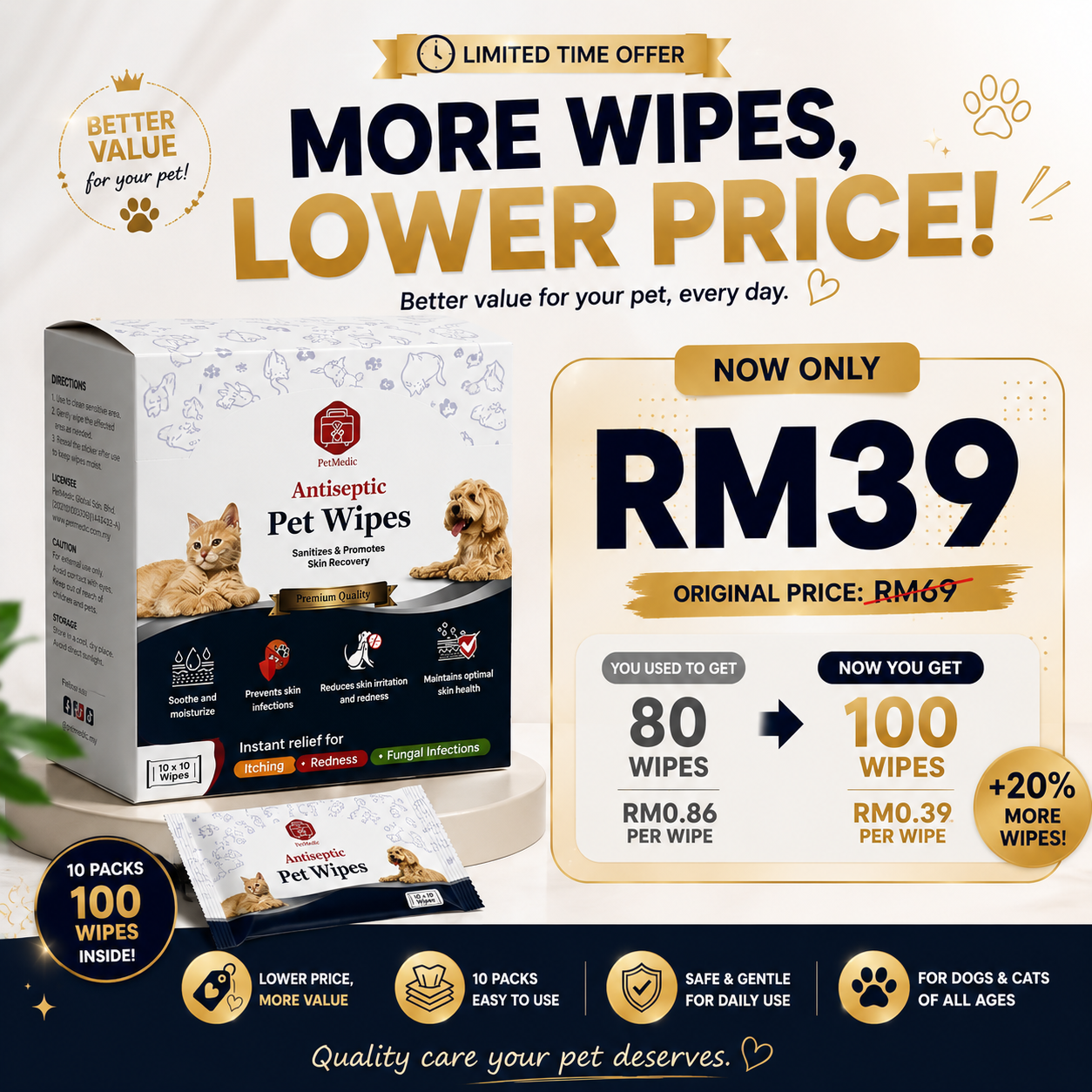 [Travel-Size] PetMedic Antiseptic Pet Wipes (10 Wipes/pack)